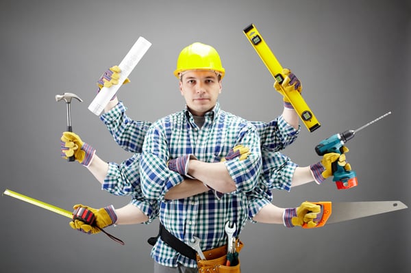 property maintenance, handyman with multiple arms and holding tools