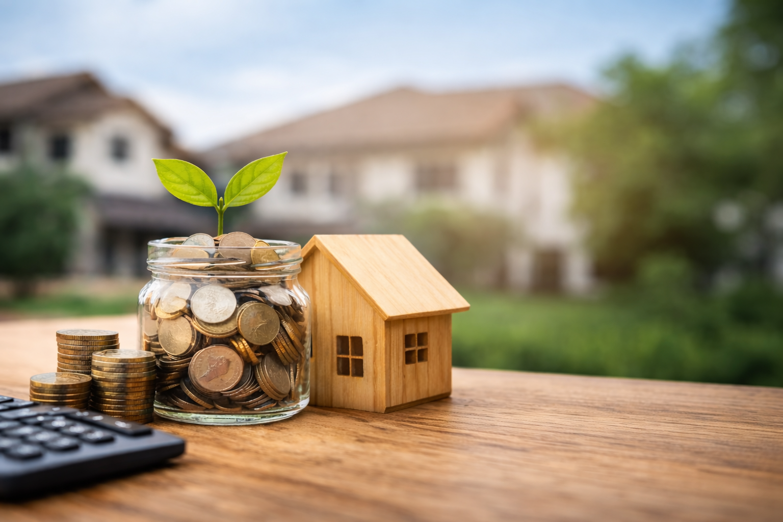 Jar of coins with a growing plant beside a small wooden house model on a table, symbolizing rental property investment growth and ROI.