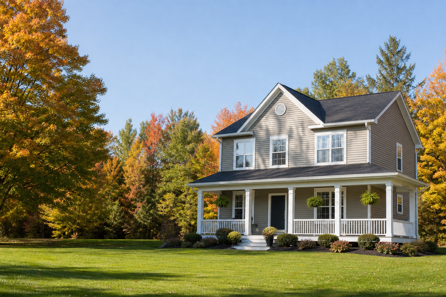 two story colonial home set in autumn in michigan