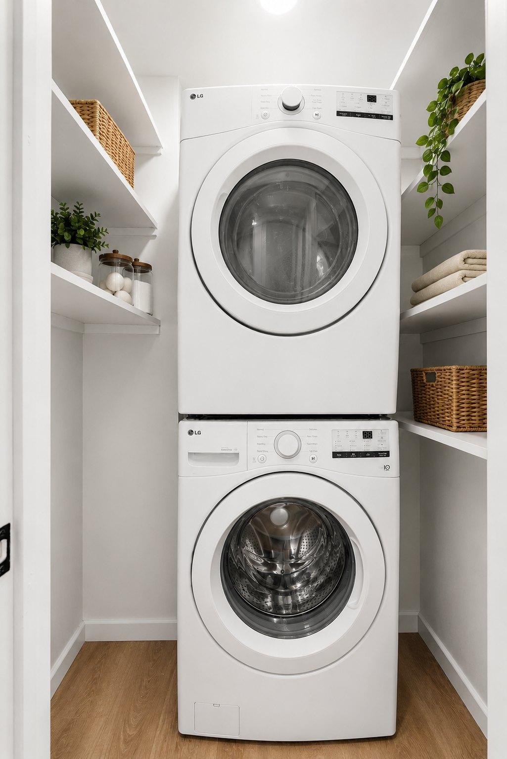 Full-size stacked washer and dryer in a laundry closet with open shelving