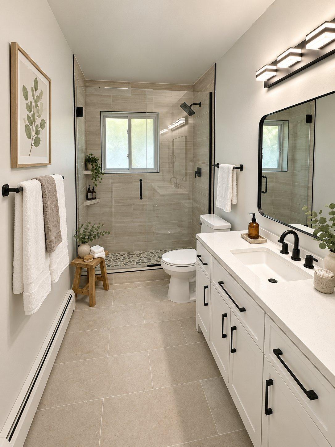 Renovated bathroom with glass-enclosed shower, white vanity and black fixtures