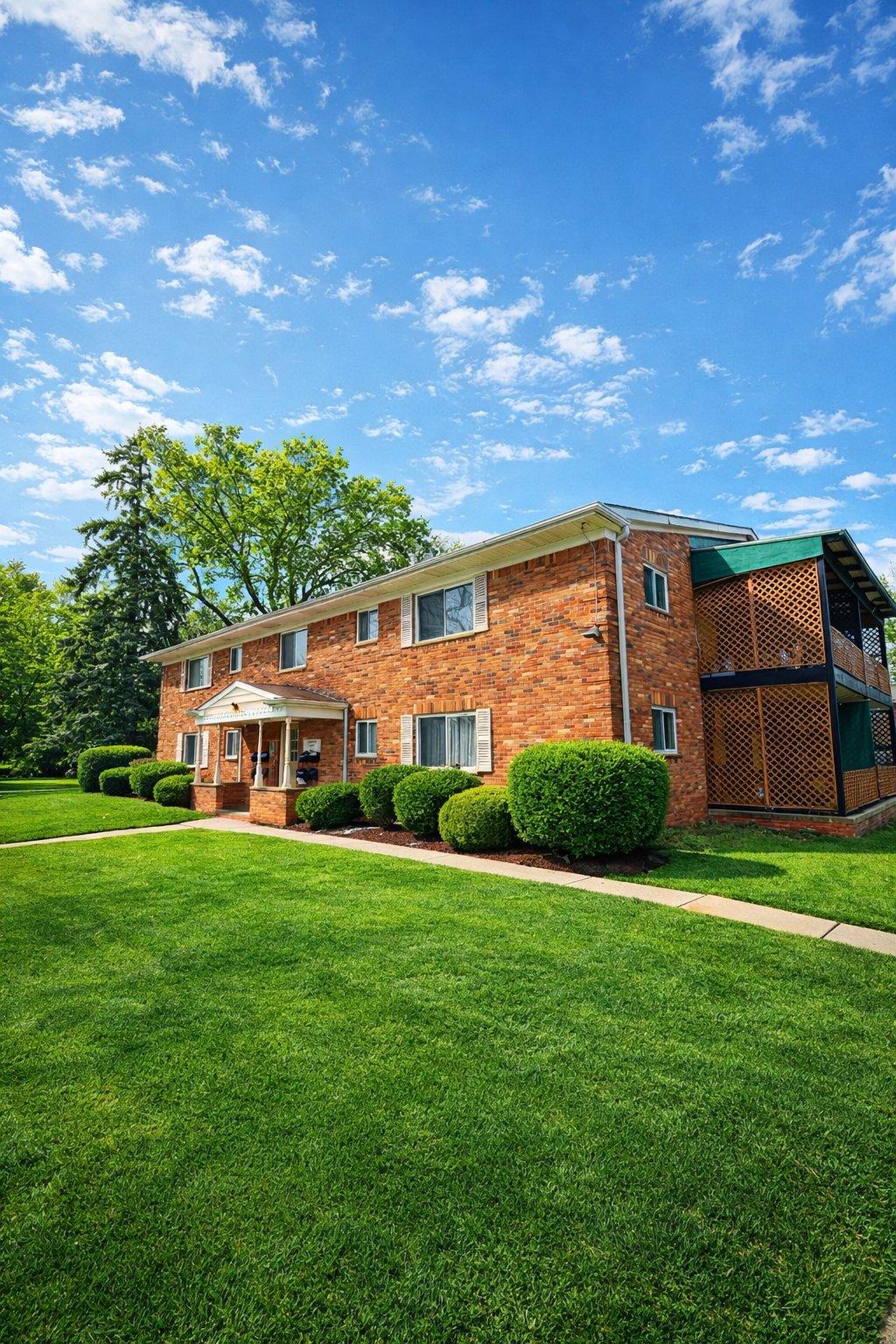 Two-story brick building at Z on Coolidge with manicured lawn and mature trees