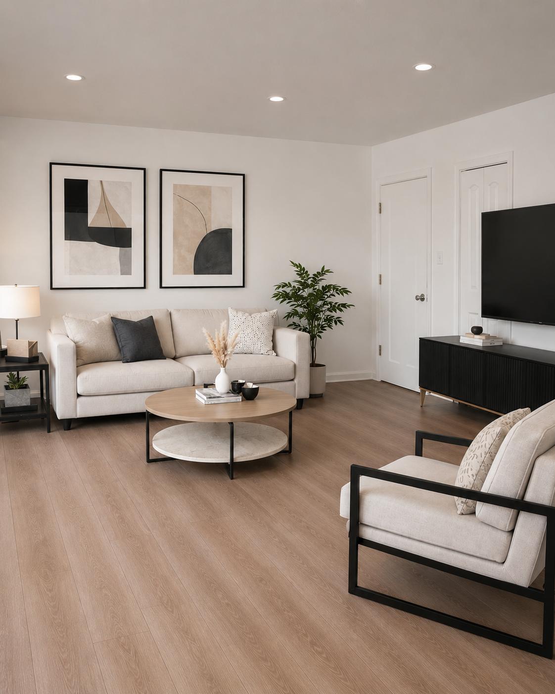 Living room with plank flooring, recessed lighting, a cream sofa and wall-mounted TV