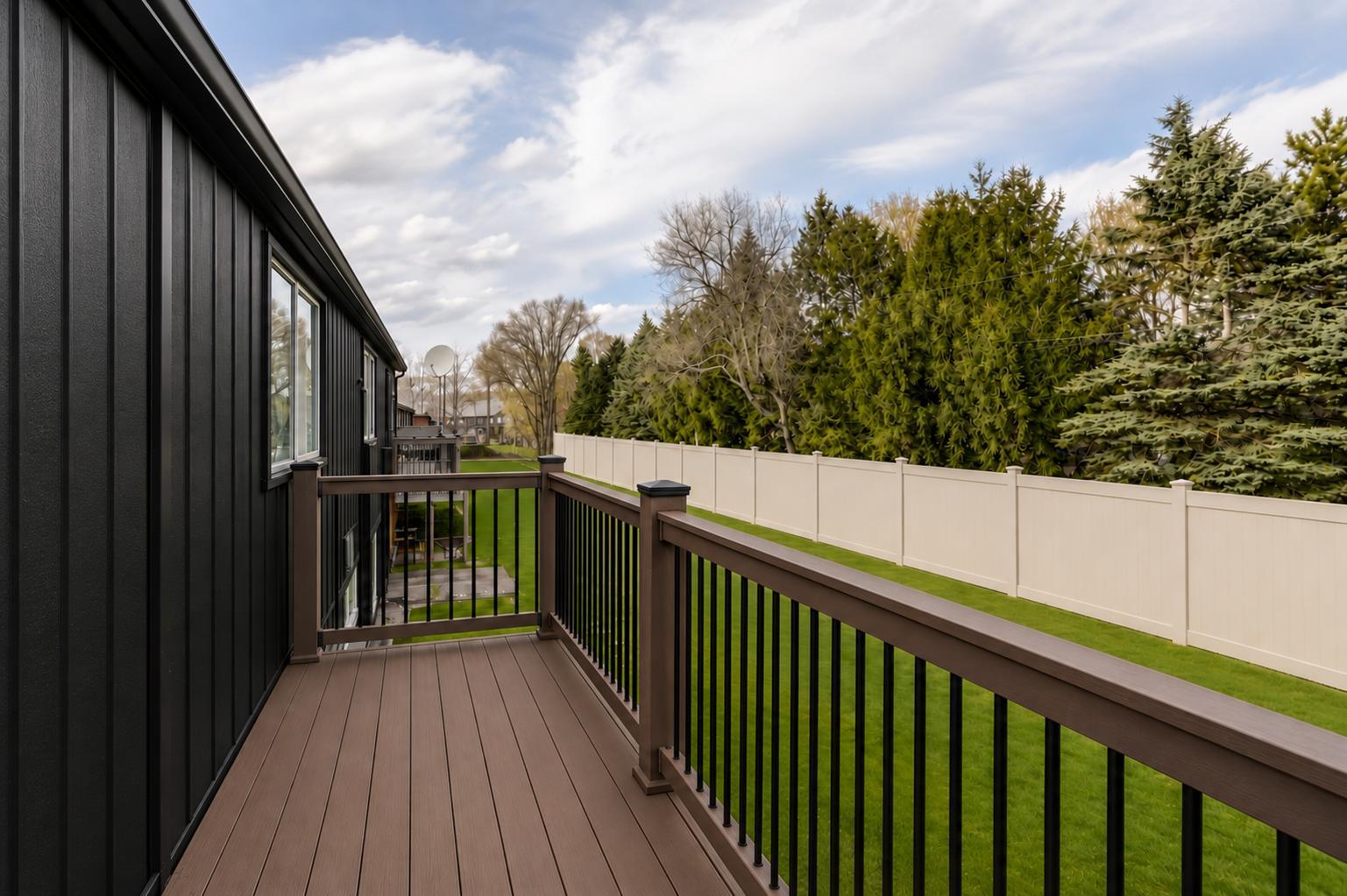 New private Trex deck with black balusters overlooking a large fenced backyard lined with evergreens