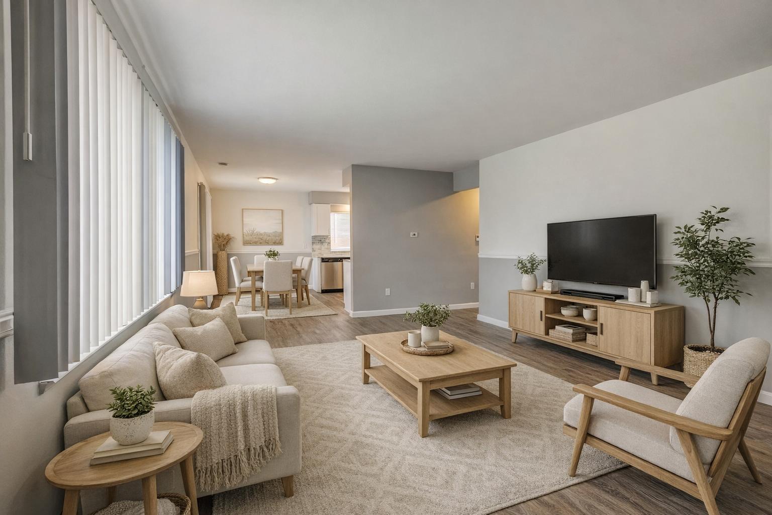 Open living room with plank flooring and chair rail, looking toward the dining area and kitchen