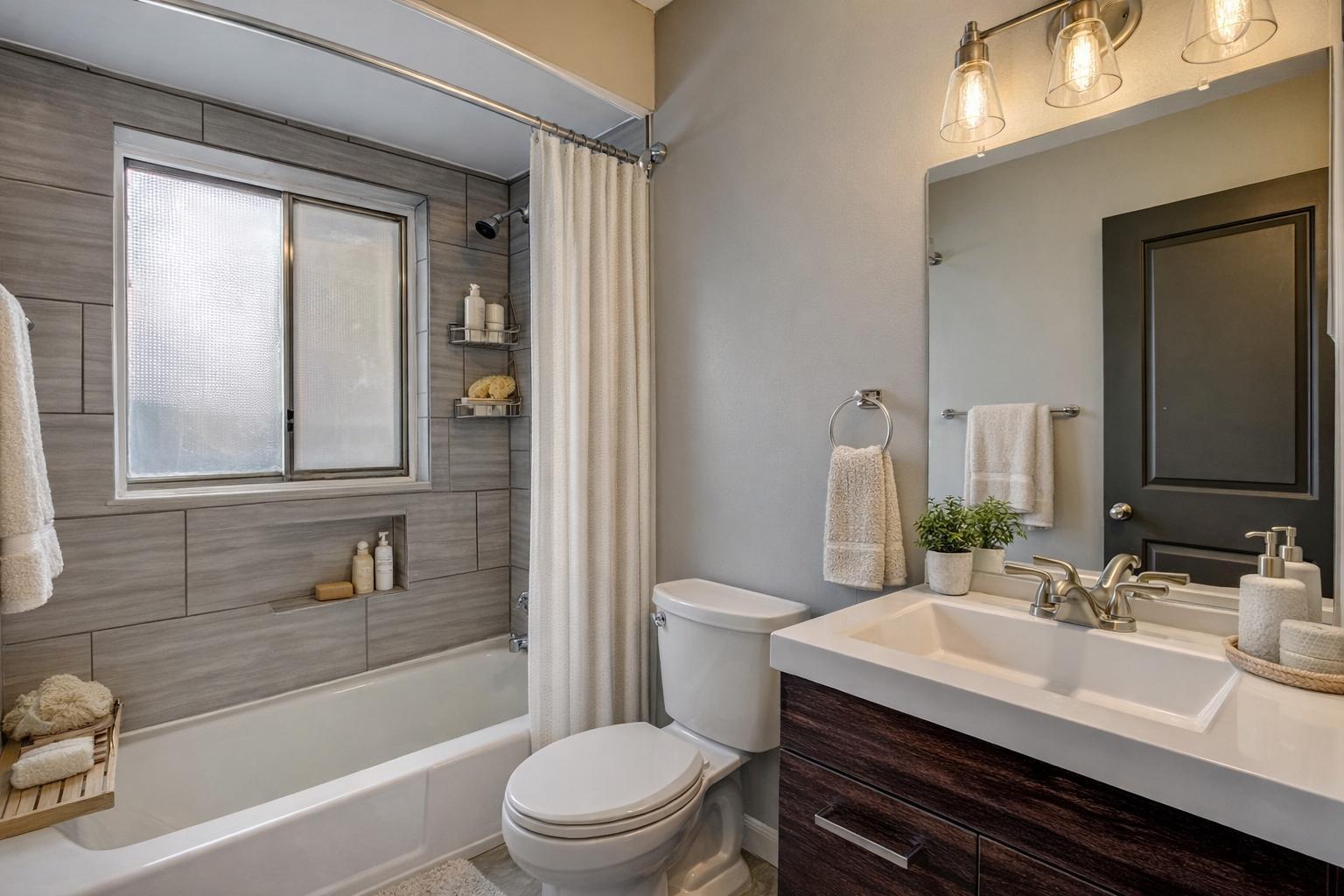 Updated bathroom with gray plank tile tub surround, built-in niche, dark wood vanity and glass pendant lighting