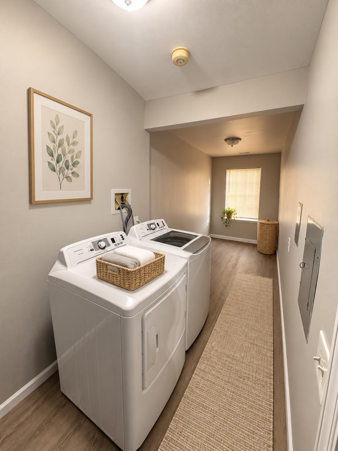 Private laundry room with a full-size washer and dryer, plank flooring and a window at the end
