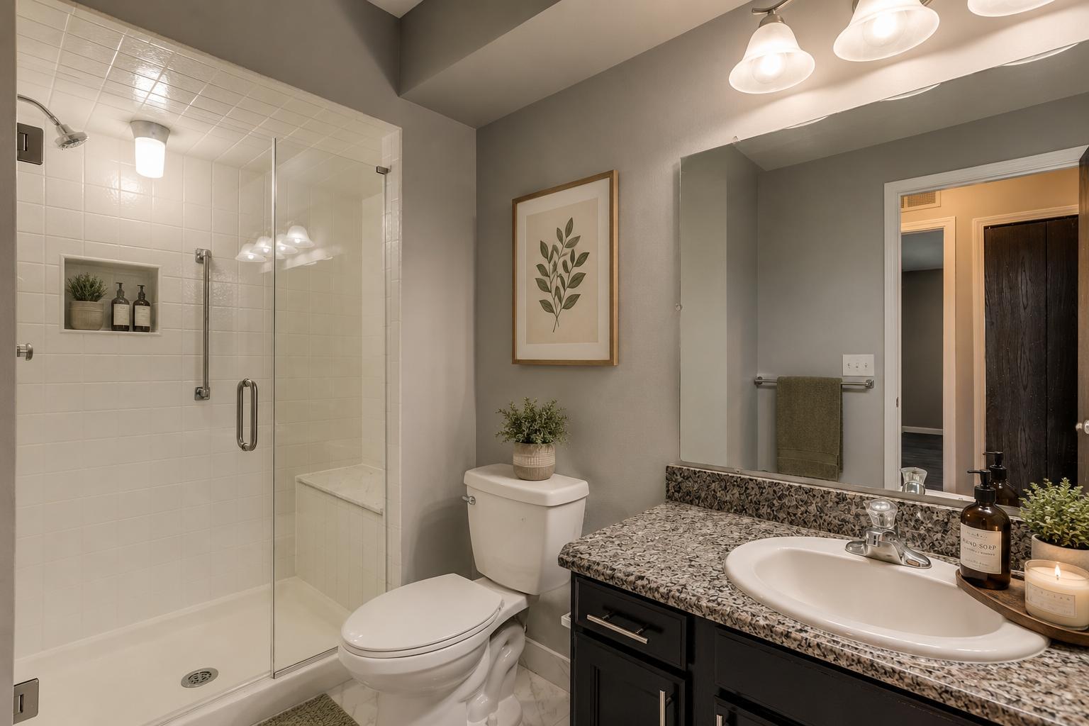 Updated bathroom with a glass-enclosed walk-in shower, tile niche and dark vanity with granite top