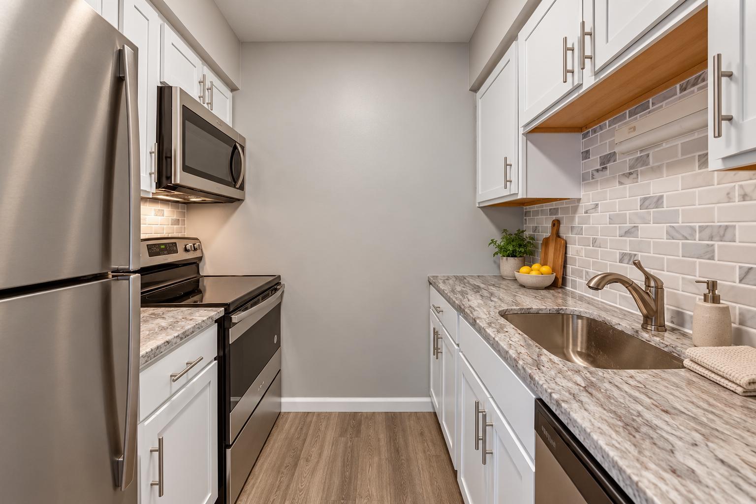 Galley kitchen with white shaker cabinets, granite counters, marble subway backsplash, undermount sink and stainless steel appliances