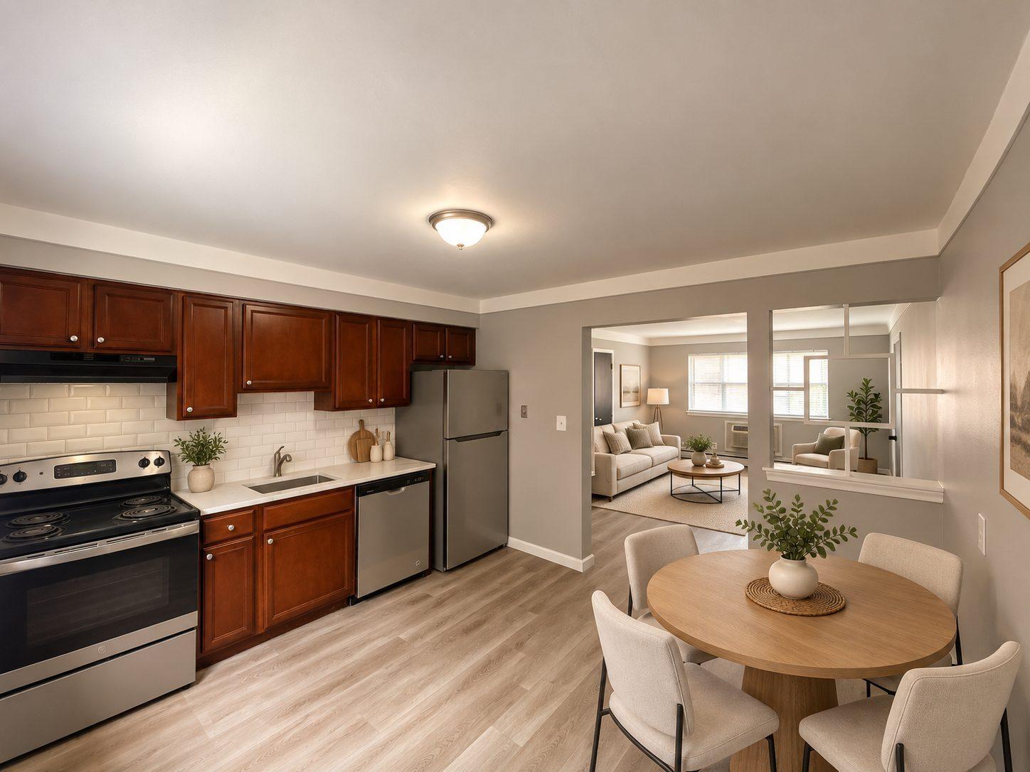 Kitchen with cherry cabinets and stainless appliances