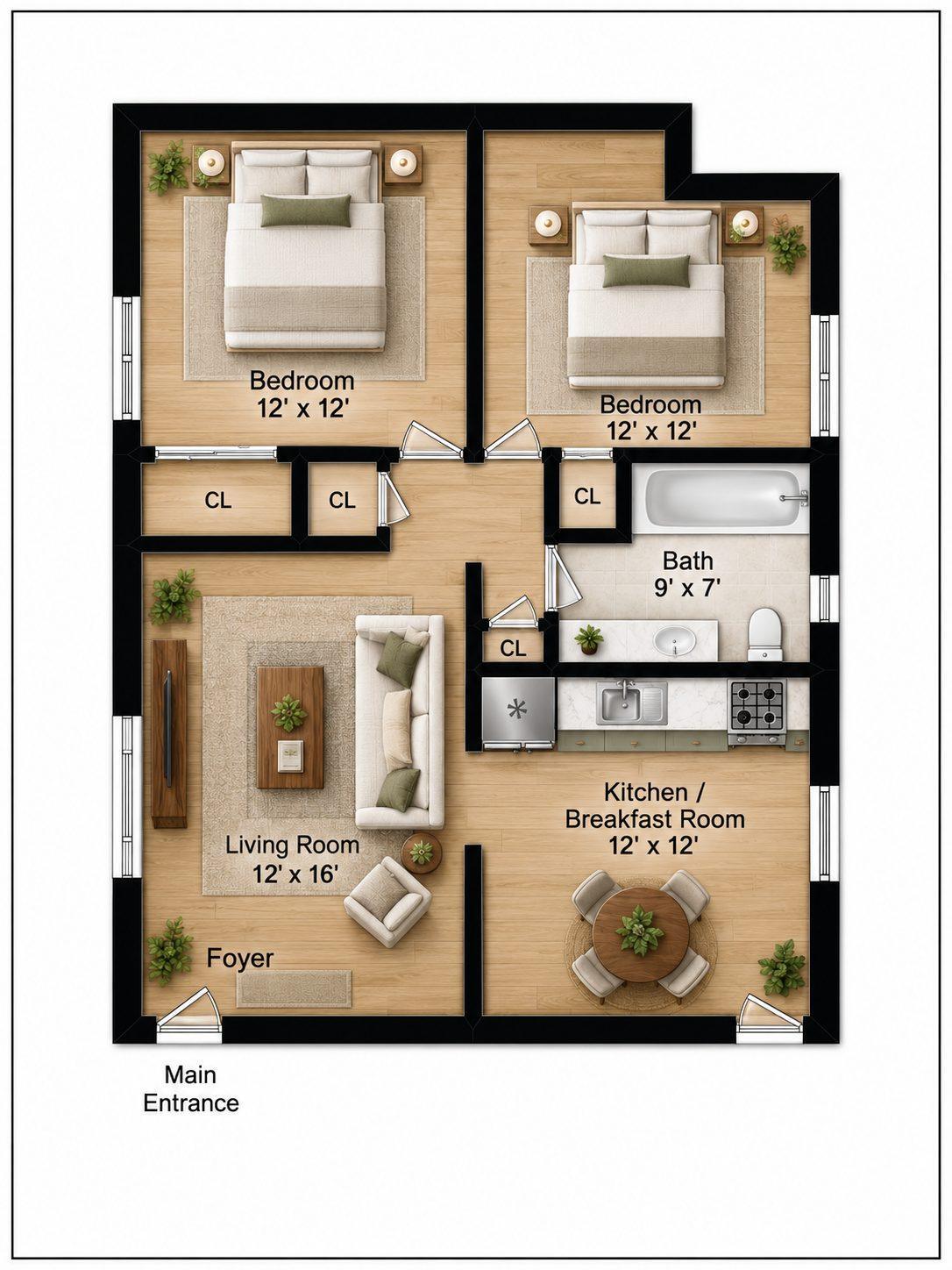 Two-bedroom Plan A: two 12 by 12 foot bedrooms, 12 by 16 foot living room with foyer, 12 by 12 foot kitchen and breakfast room, 9 by 7 foot bath with tub, four closets