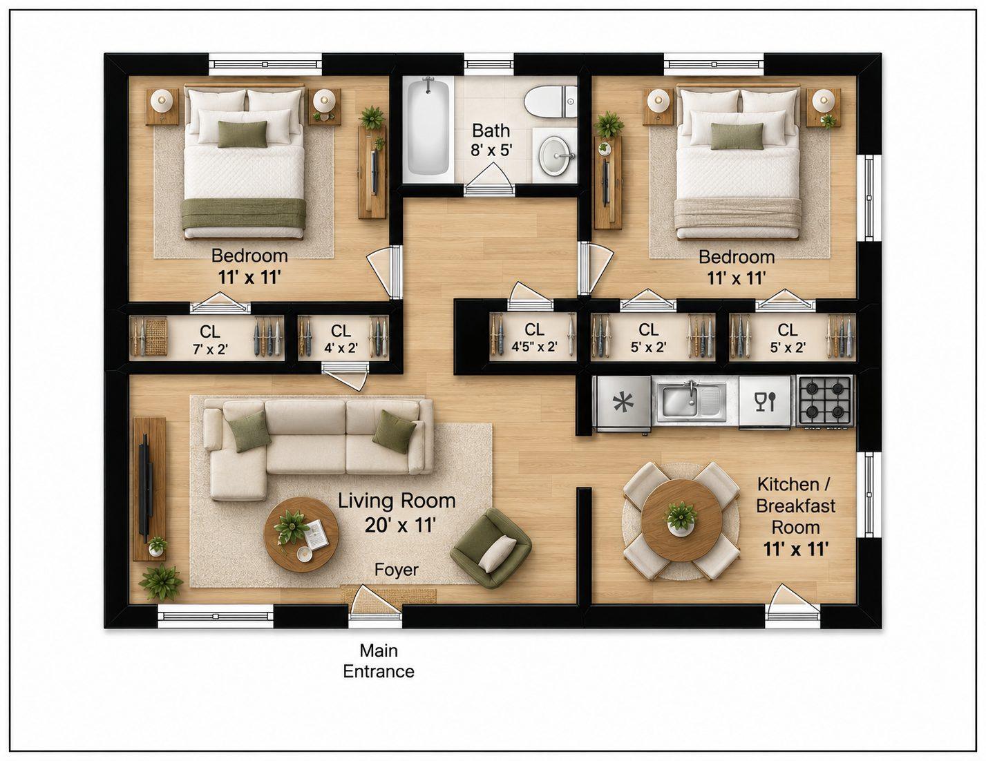 Two-bedroom Plan B: two 11 by 11 foot bedrooms, 20 by 11 foot living room with foyer, 11 by 11 foot kitchen and breakfast room, 8 by 5 foot bath with tub, five closets