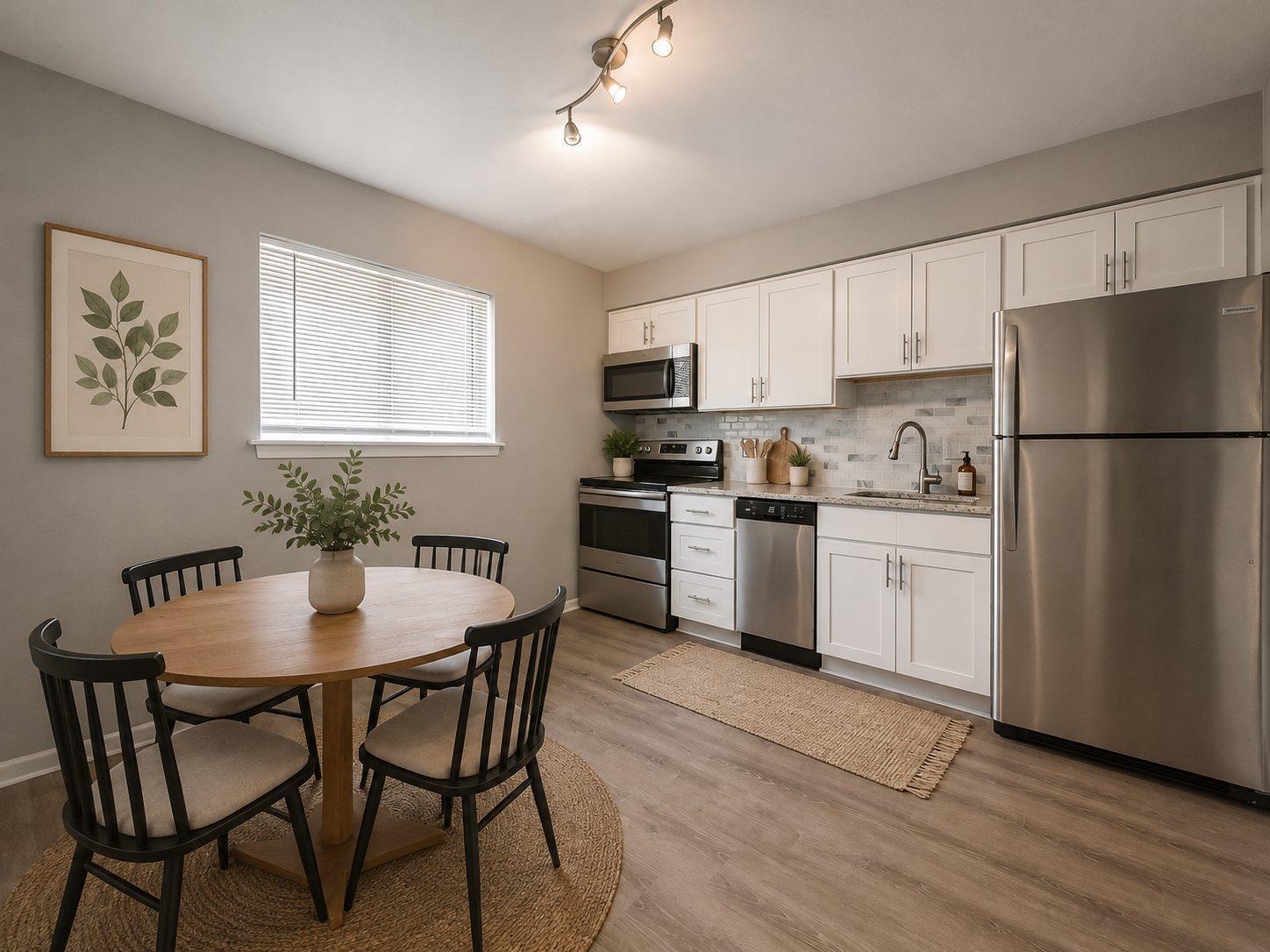Updated kitchen with white cabinets and stainless steel appliances