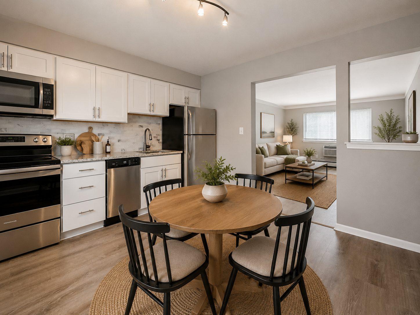 White kitchen with dining area