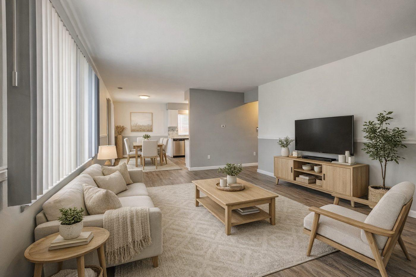 Open living and dining area with vinyl plank flooring
