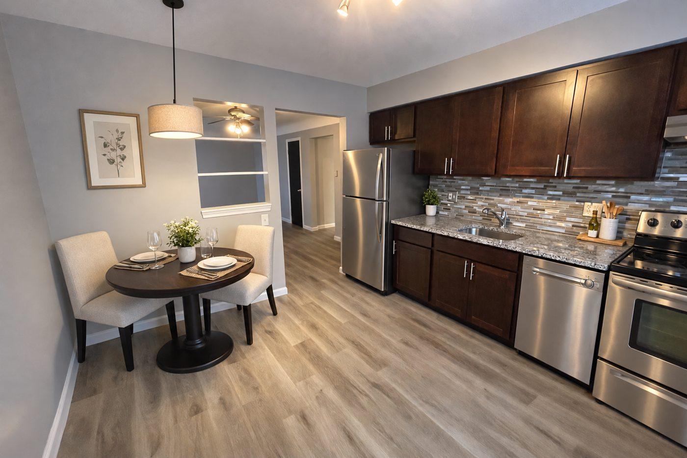 Z on Maple renovated kitchen and dining area with stainless appliances and vinyl plank flooring