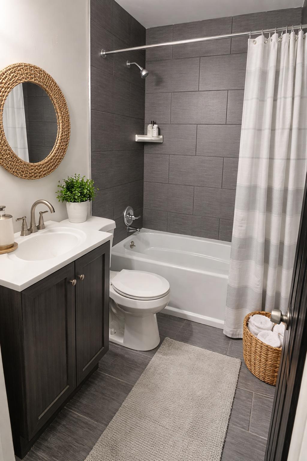 Bathroom with gray plank tile tub surround and a dark wood vanity