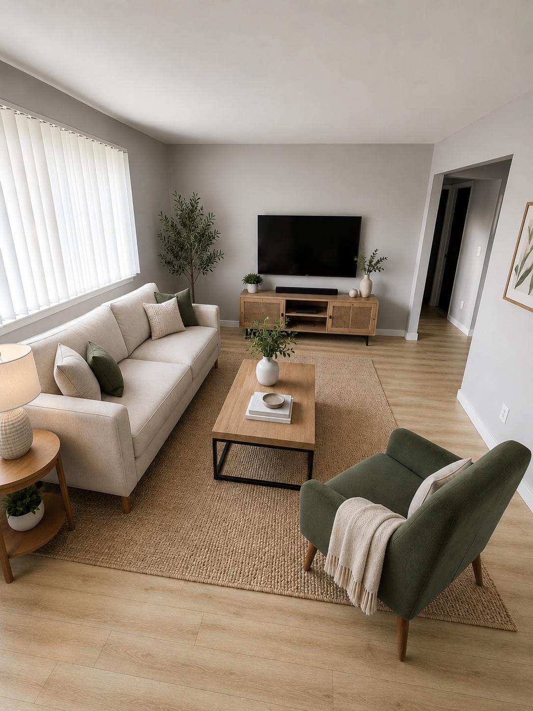 Living room with plank flooring, a cream sofa, green armchair and wall-mounted TV