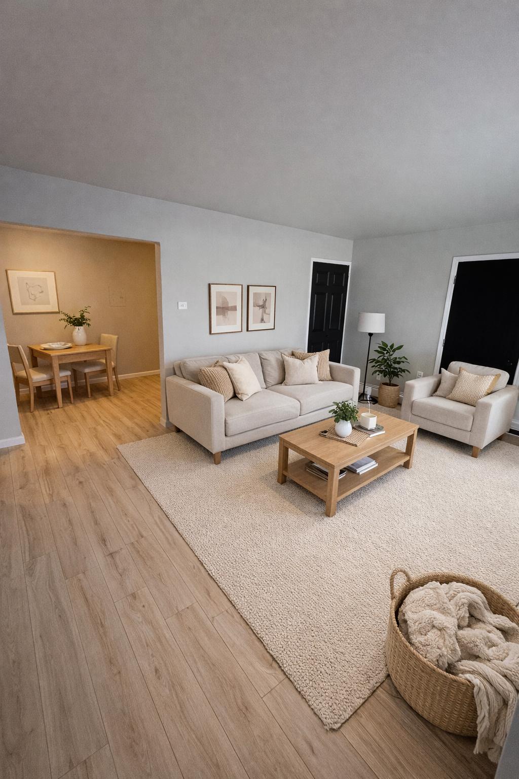 Living room with plank flooring and a cream sofa, opening to a separate dining area