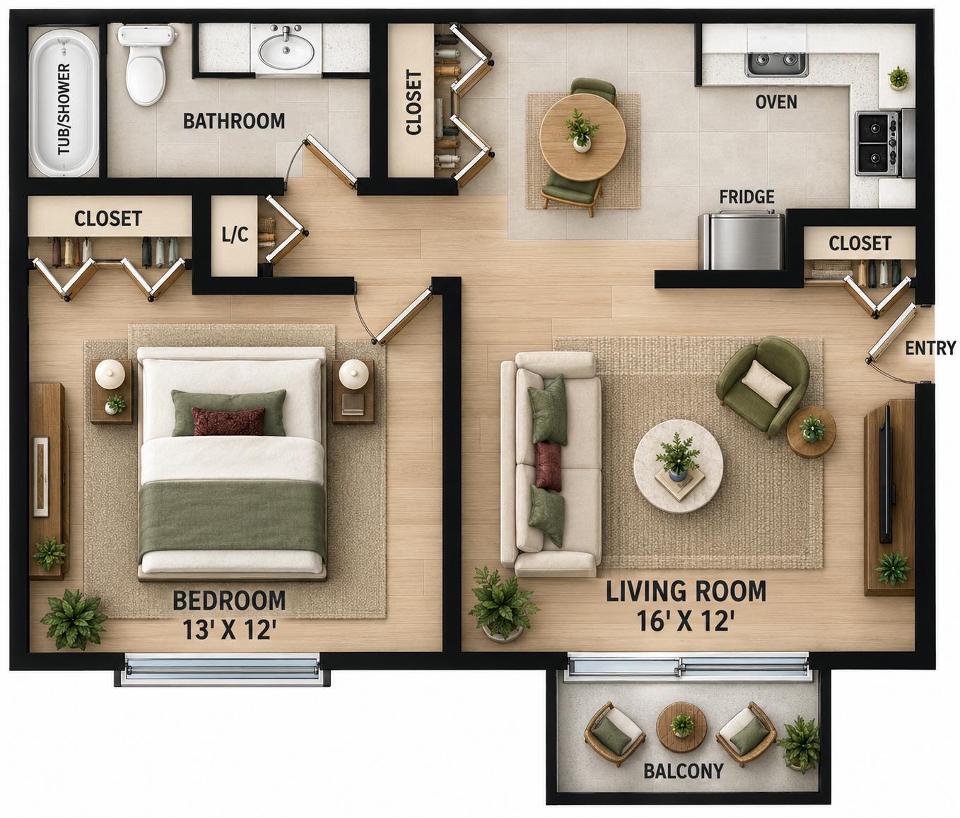 One-bedroom floor plan: 13 by 12 foot bedroom, 16 by 12 foot living room, kitchen with dining nook, bathroom with tub and shower, closets and a balcony off the living room