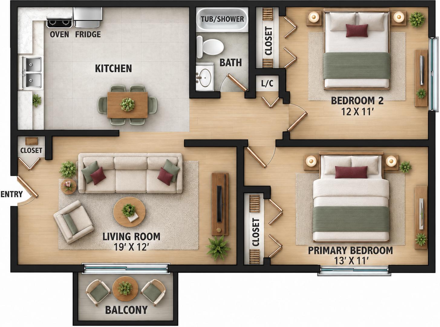 Two-bedroom floor plan: 13 by 11 foot primary bedroom, 12 by 11 foot second bedroom, 19 by 12 foot living room, eat-in kitchen, bathroom with tub and shower and a balcony off the living room