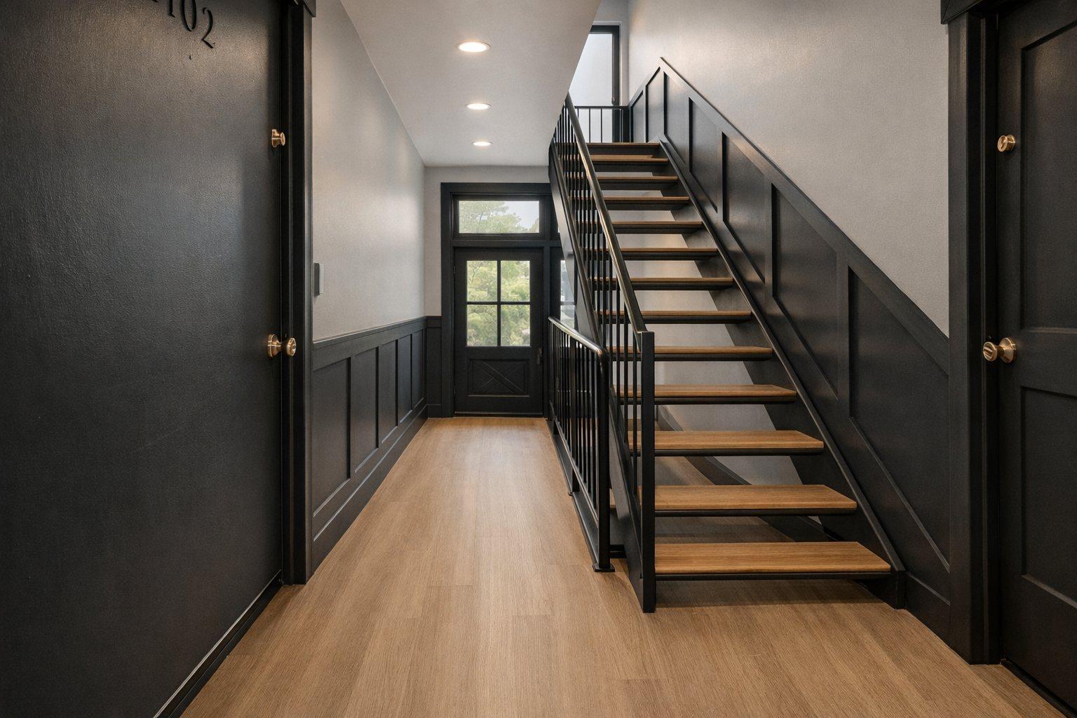 Renovated common hallway with black wainscoting, vinyl plank flooring and an open-tread staircase