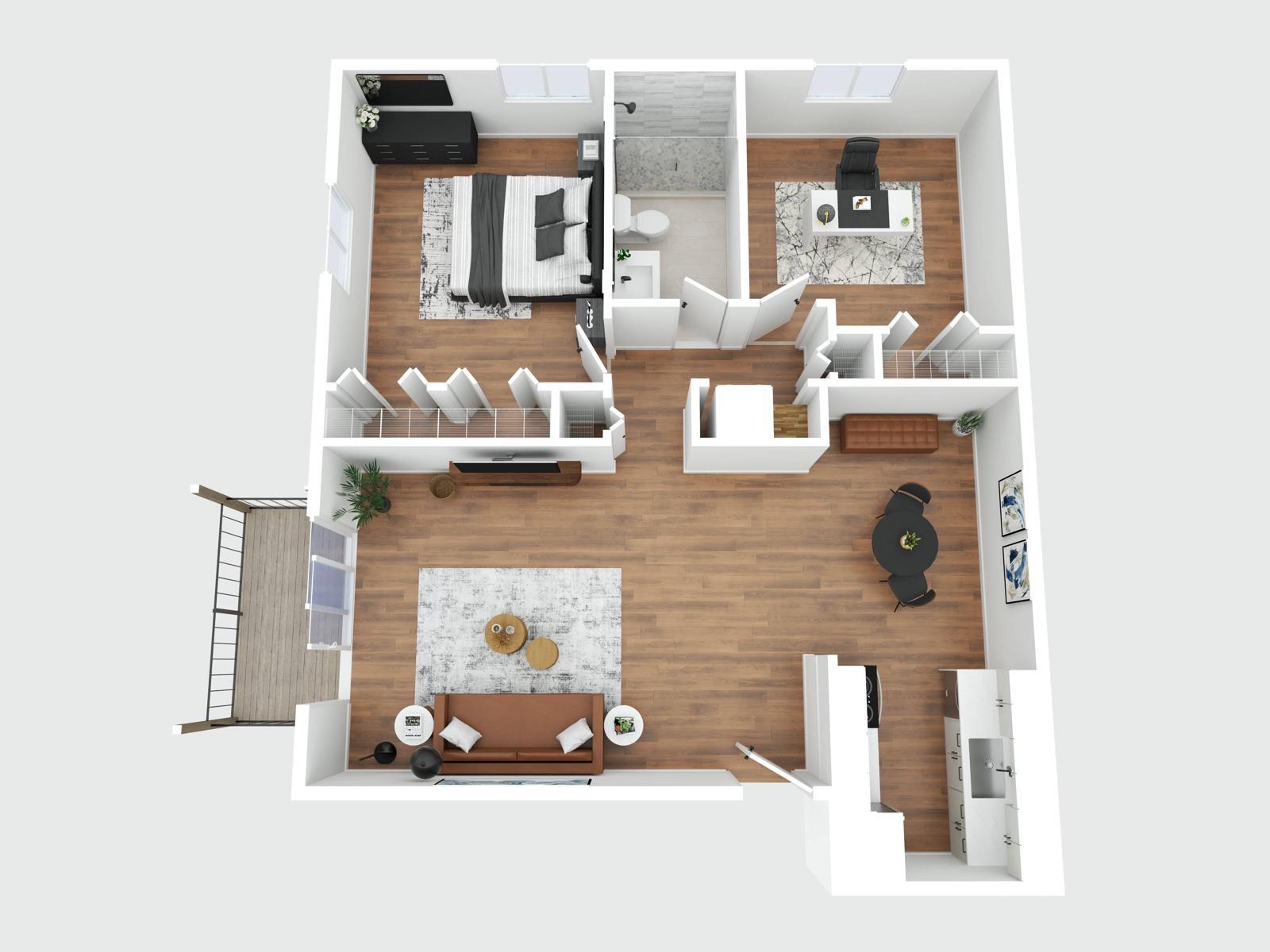 The Mainstreet 3D floor plan: two bedrooms, one bathroom with walk-in shower, open living and dining area, galley kitchen, closets and a private deck off the living room