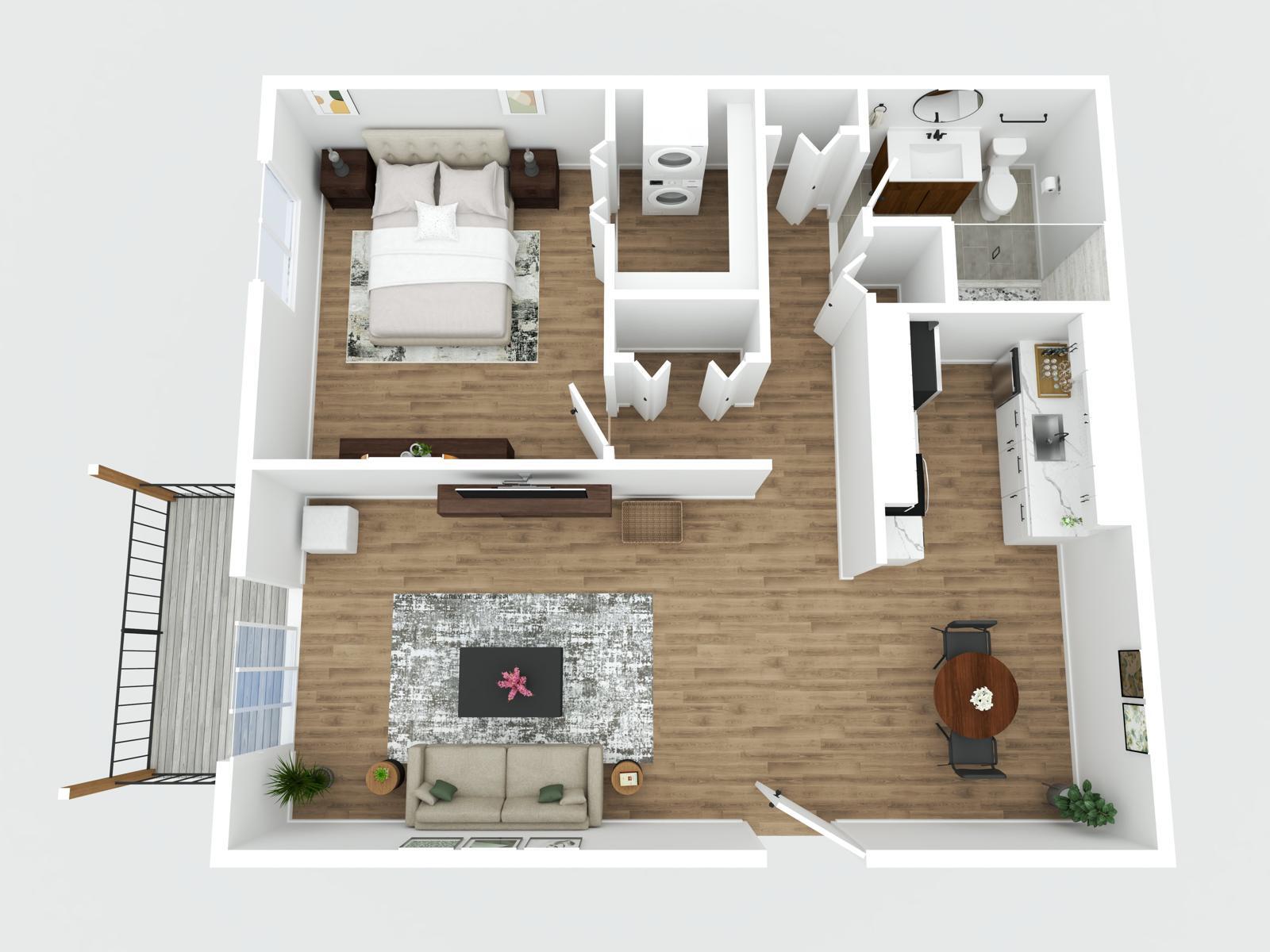 The Plymouth Model 3D floor plan: one bedroom, bathroom with walk-in shower, laundry closet with stacked washer and dryer, galley kitchen, open living and dining area and a private deck off the living room