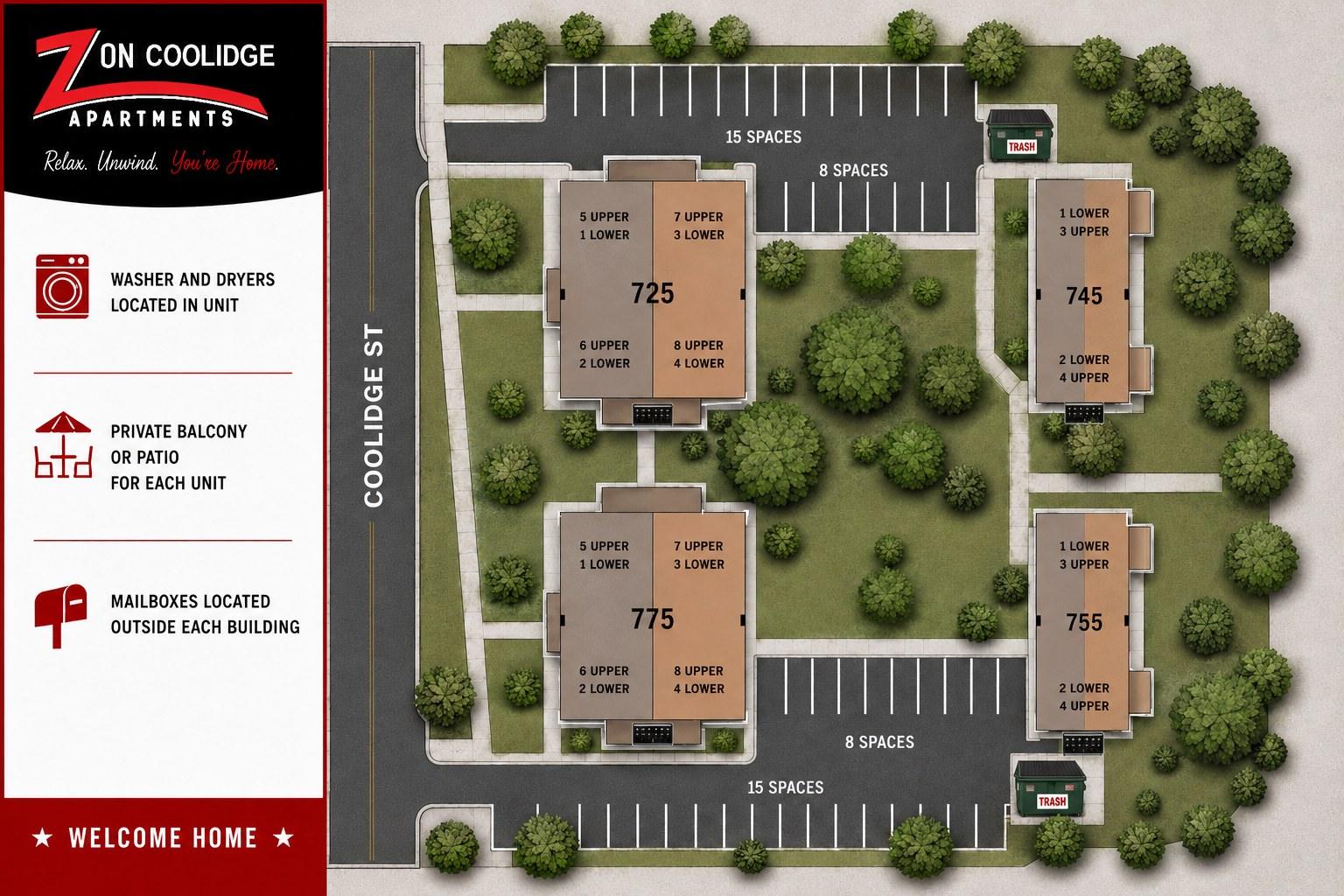 Z on Coolidge site map showing buildings 725, 745, 755 and 775, upper and lower unit locations, parking and trash containers