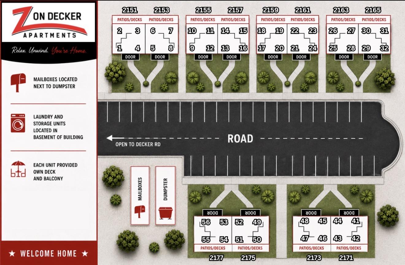Z on Decker site map showing entrances 2151 through 2177, unit numbers, patios and decks, parking, mailboxes and the dumpster off Decker Road