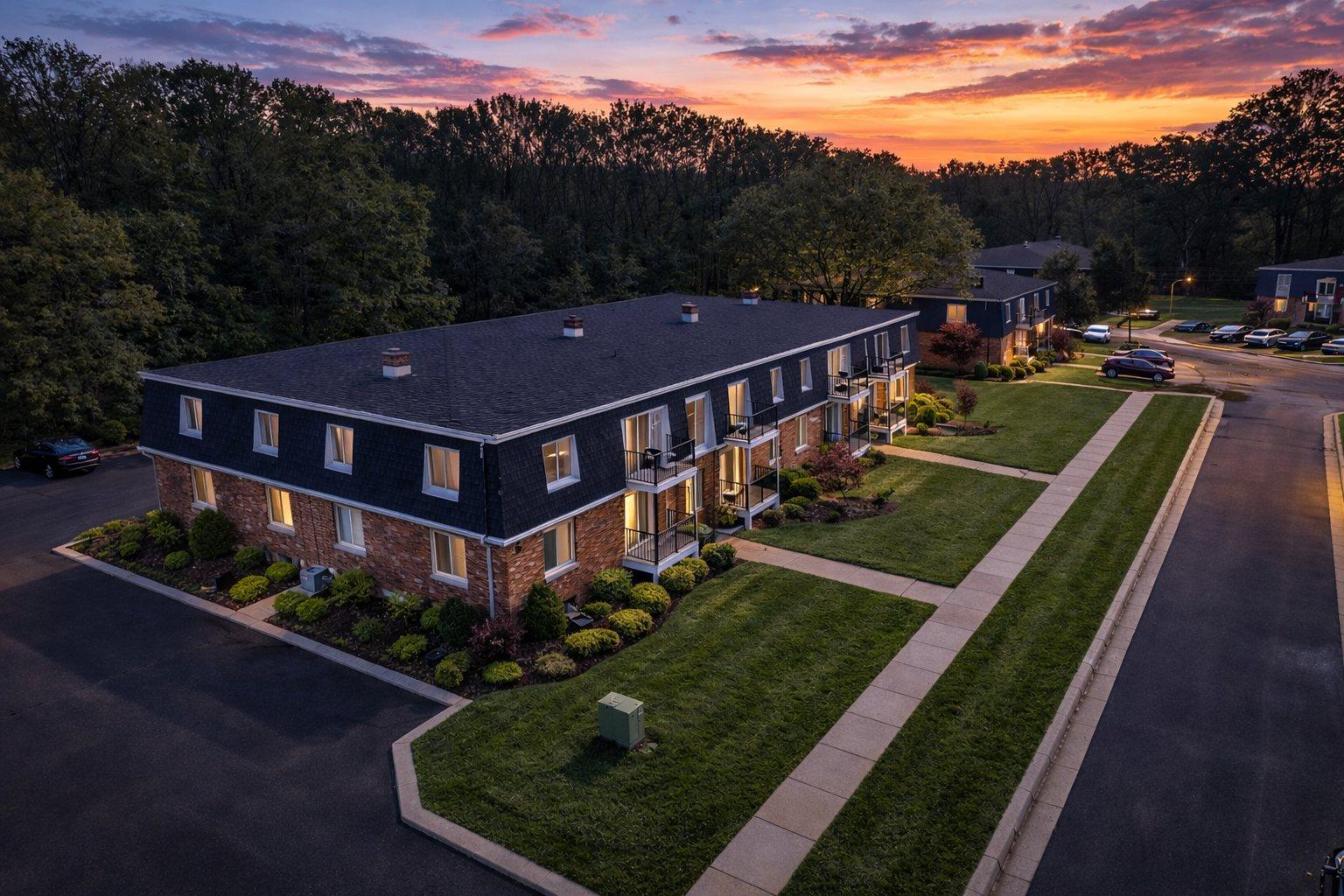 Z on Plymouth brick buildings at twilight